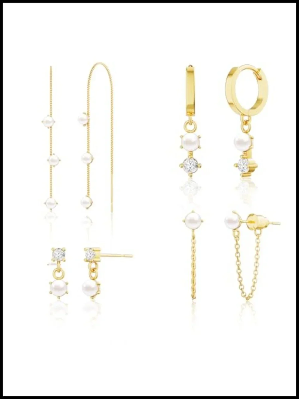14K Gold Plated Pearl Earring Set for Women, 5 Pairs Dangle Hoop Studs